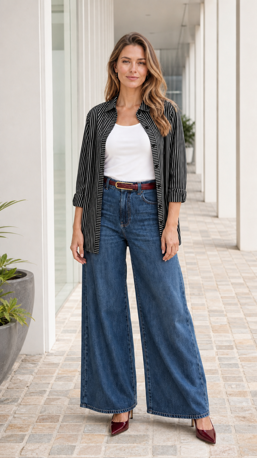 Woman wearing black striped button down shirt