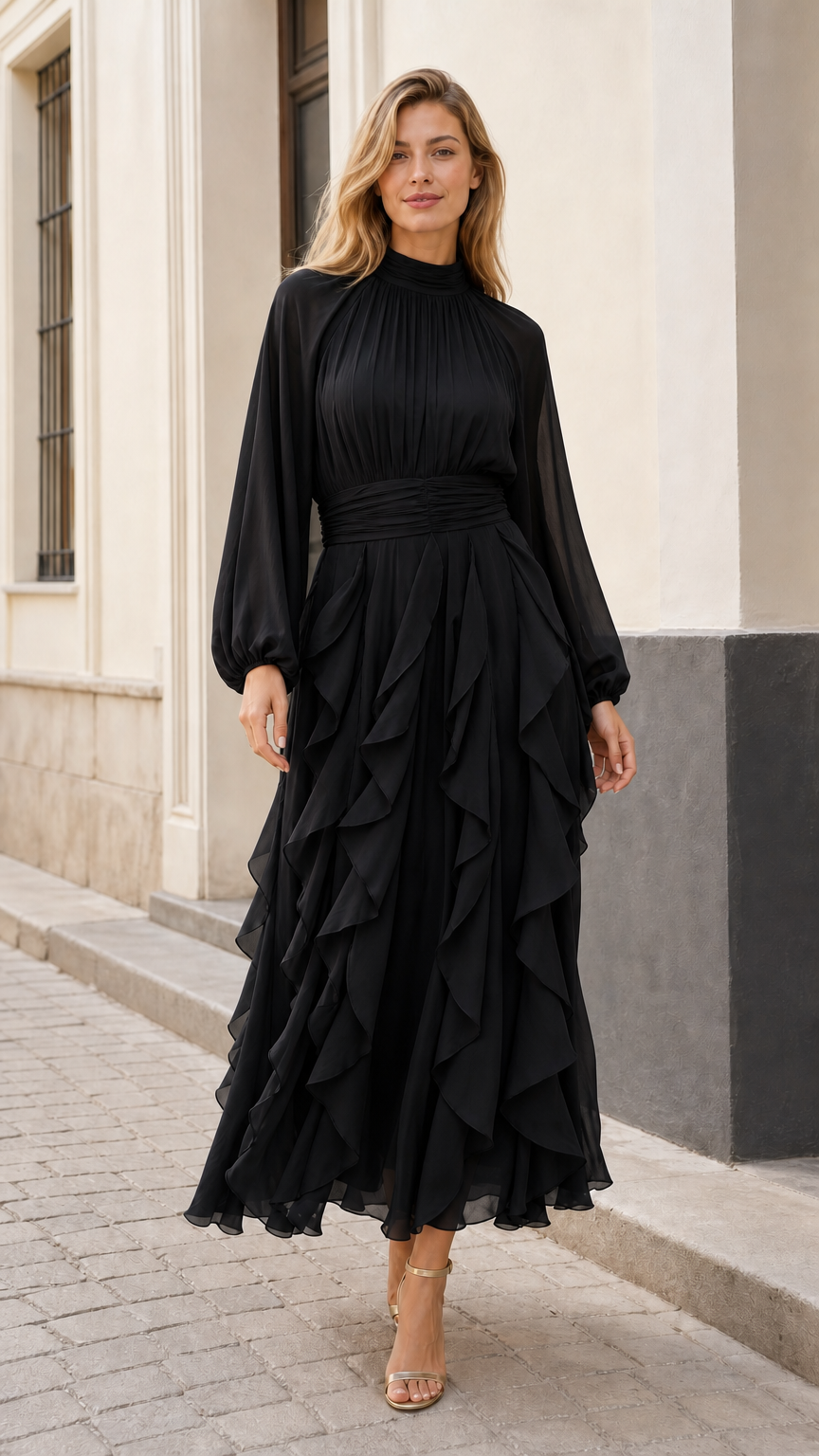 Model wearing black long-sleeve high neck tiered ruffle maxi evening dress