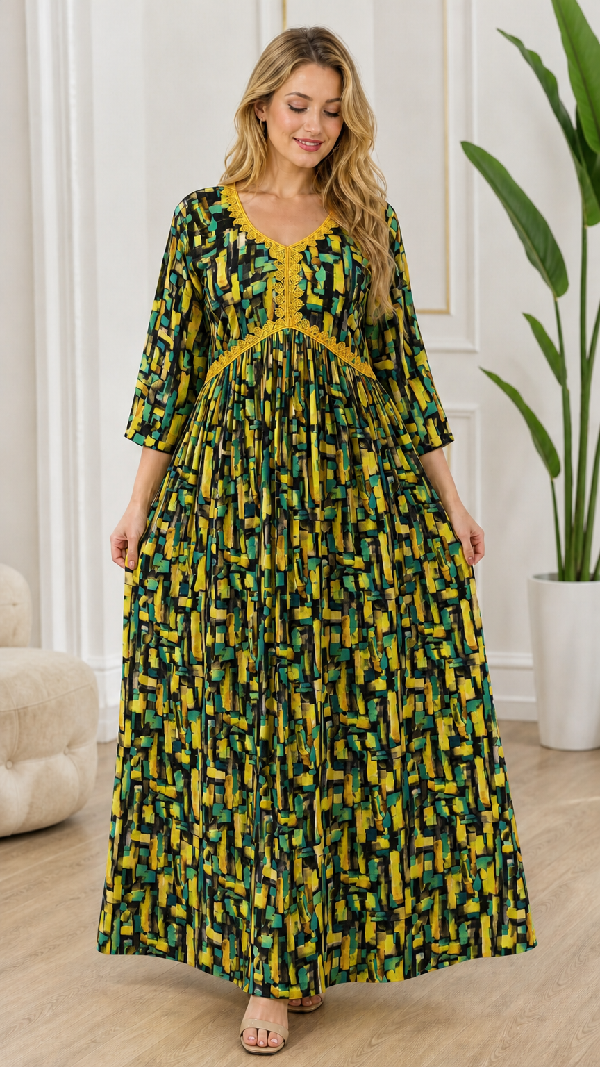 Full-length front view of model wearing black and multicolor abstract print maxi dress