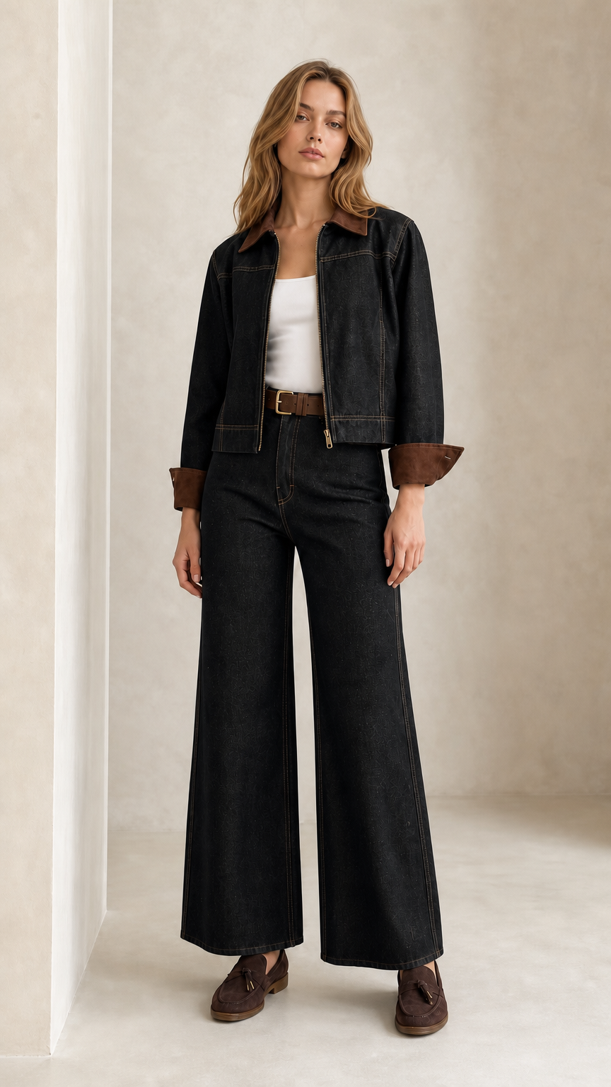 Model wearing Washed Black denim jacket and wide leg trousers set