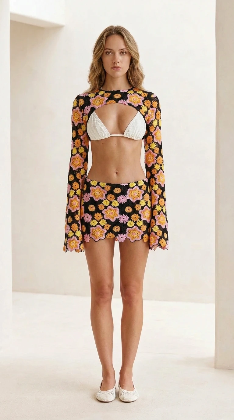 Front view of black floral crochet shrug and mini skirt set