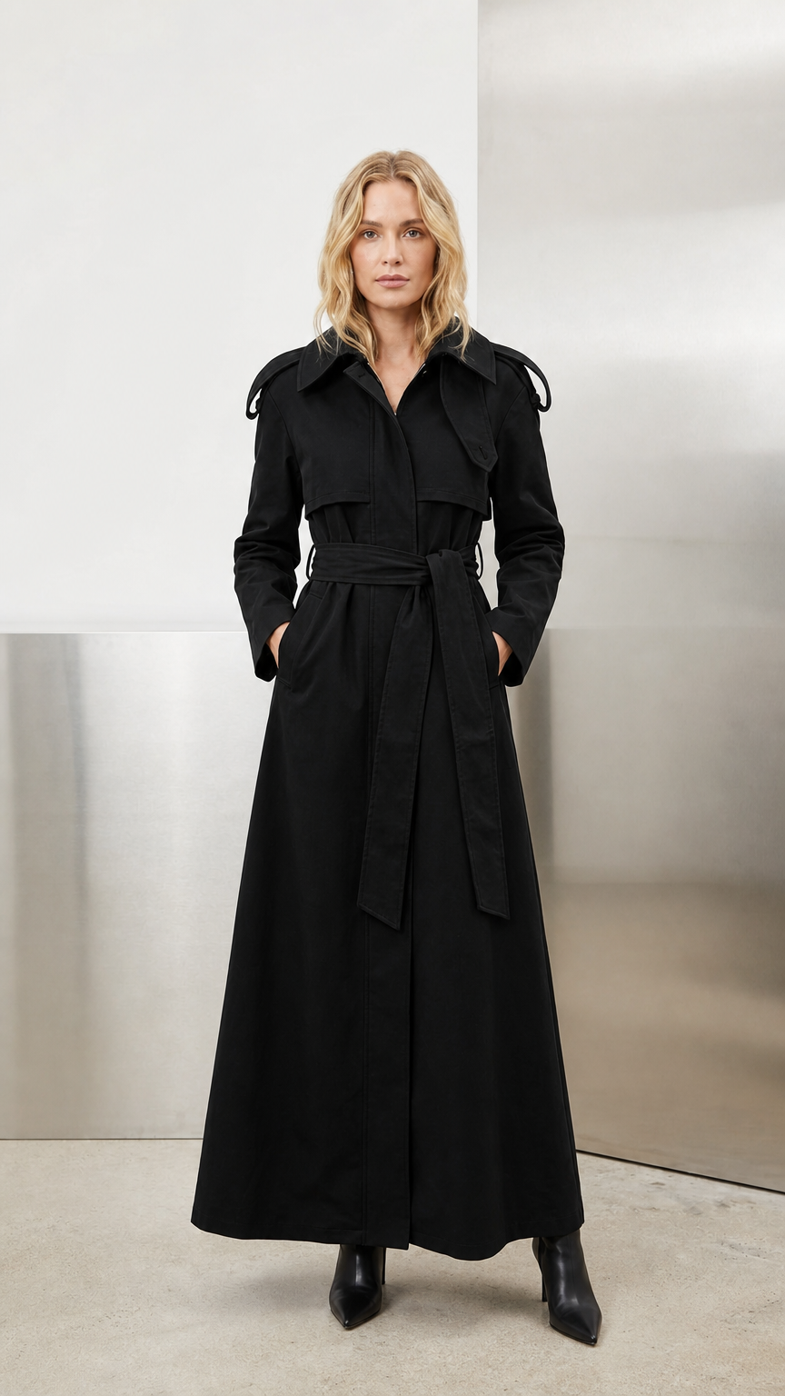 Model wearing classic black full-length belted maxi trench coat