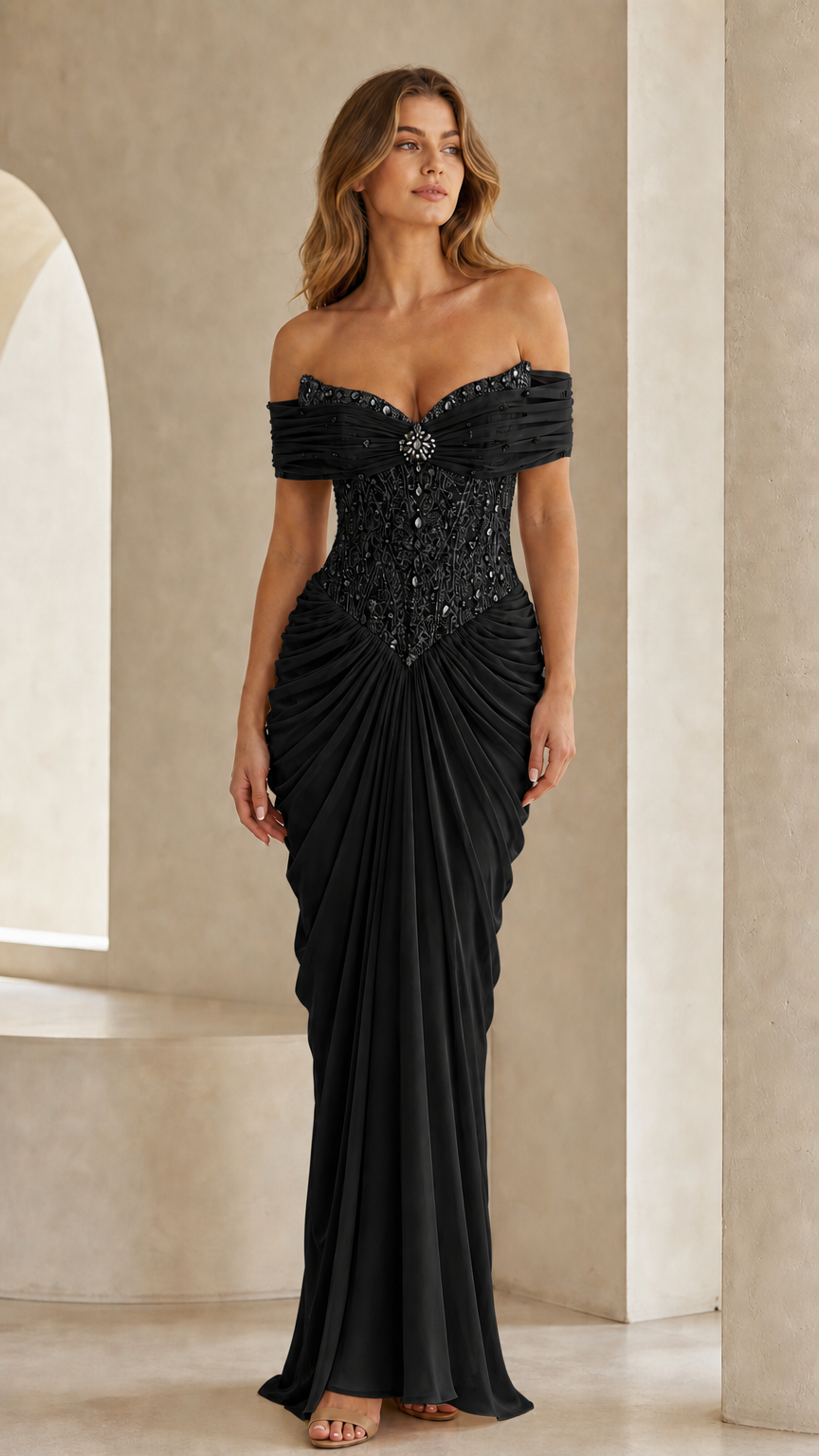 Full front view of black off-the-shoulder beaded evening gown
