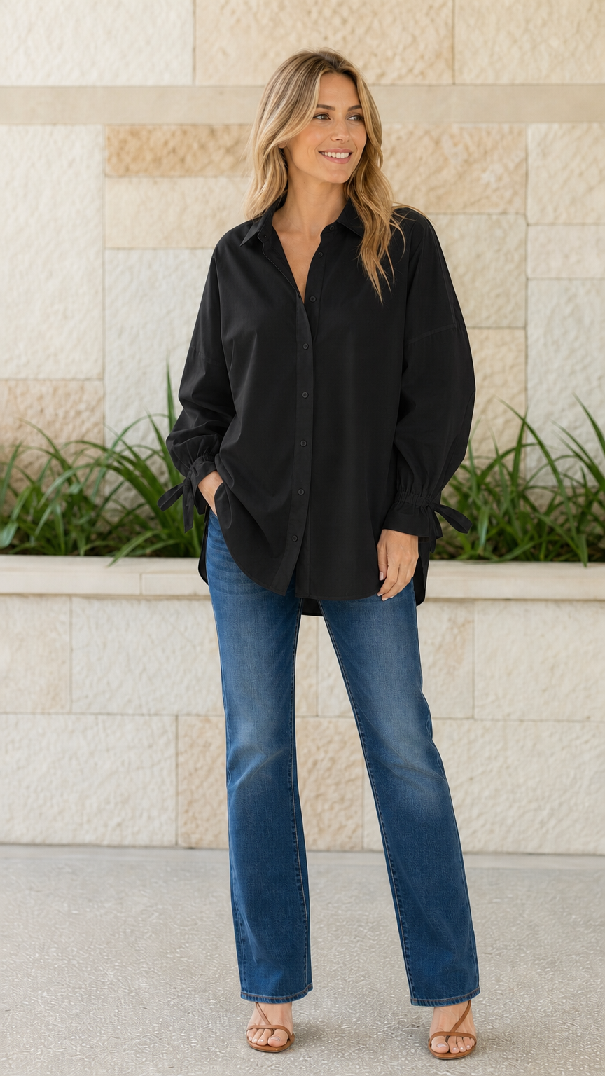 Woman wearing black oversized button-down shirt with tie cuffs