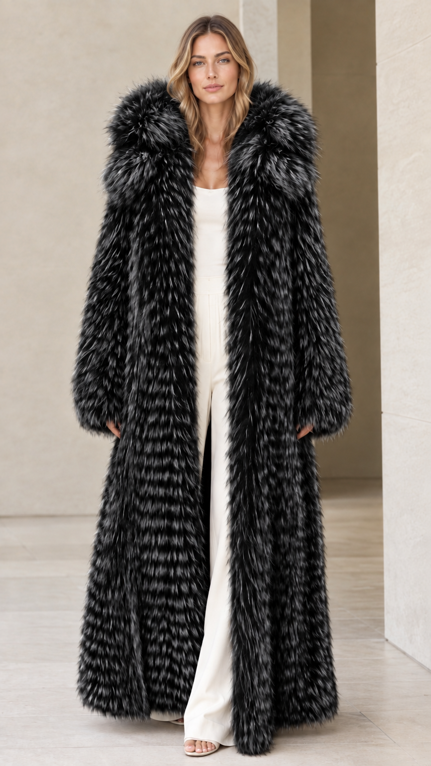Front view of woman wearing black tipped full-length hooded faux fur coat