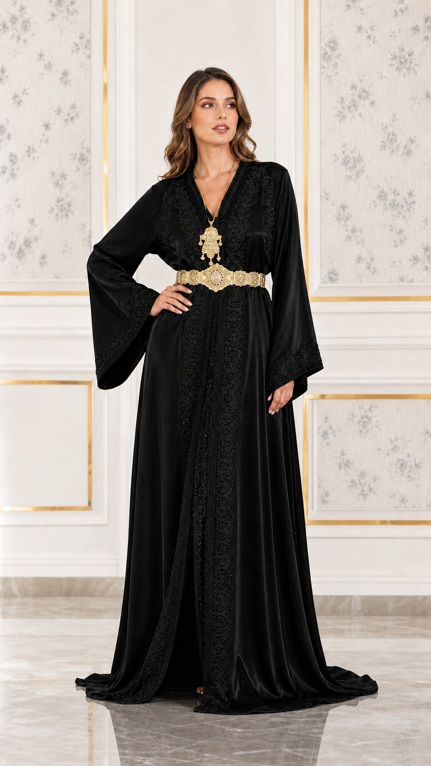 Full front view of black satin embroidered kaftan maxi dress with gold belt