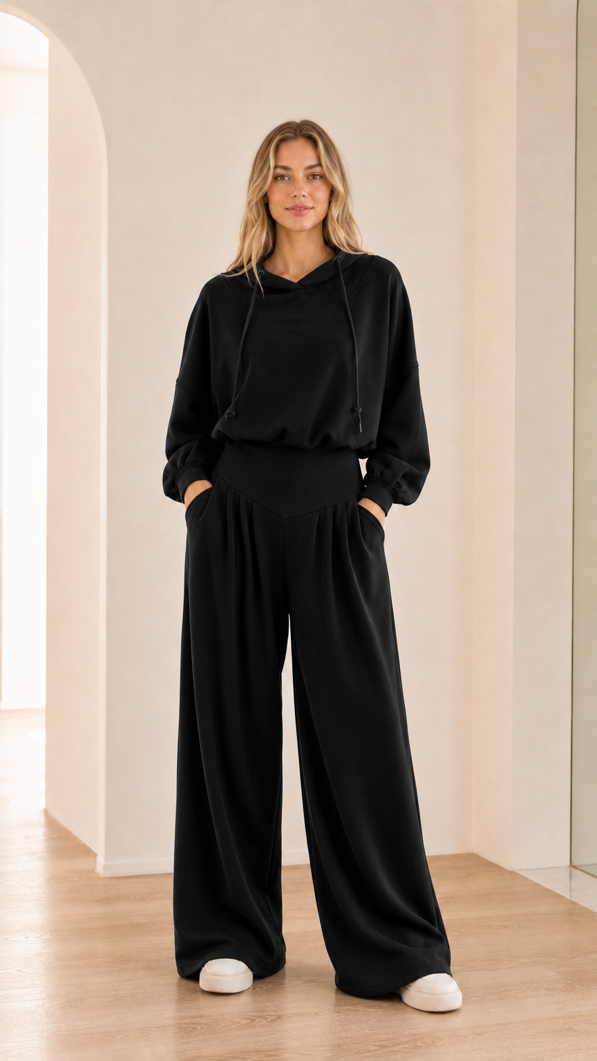 Full-body view of model wearing black 2-piece wide-leg hoodie set