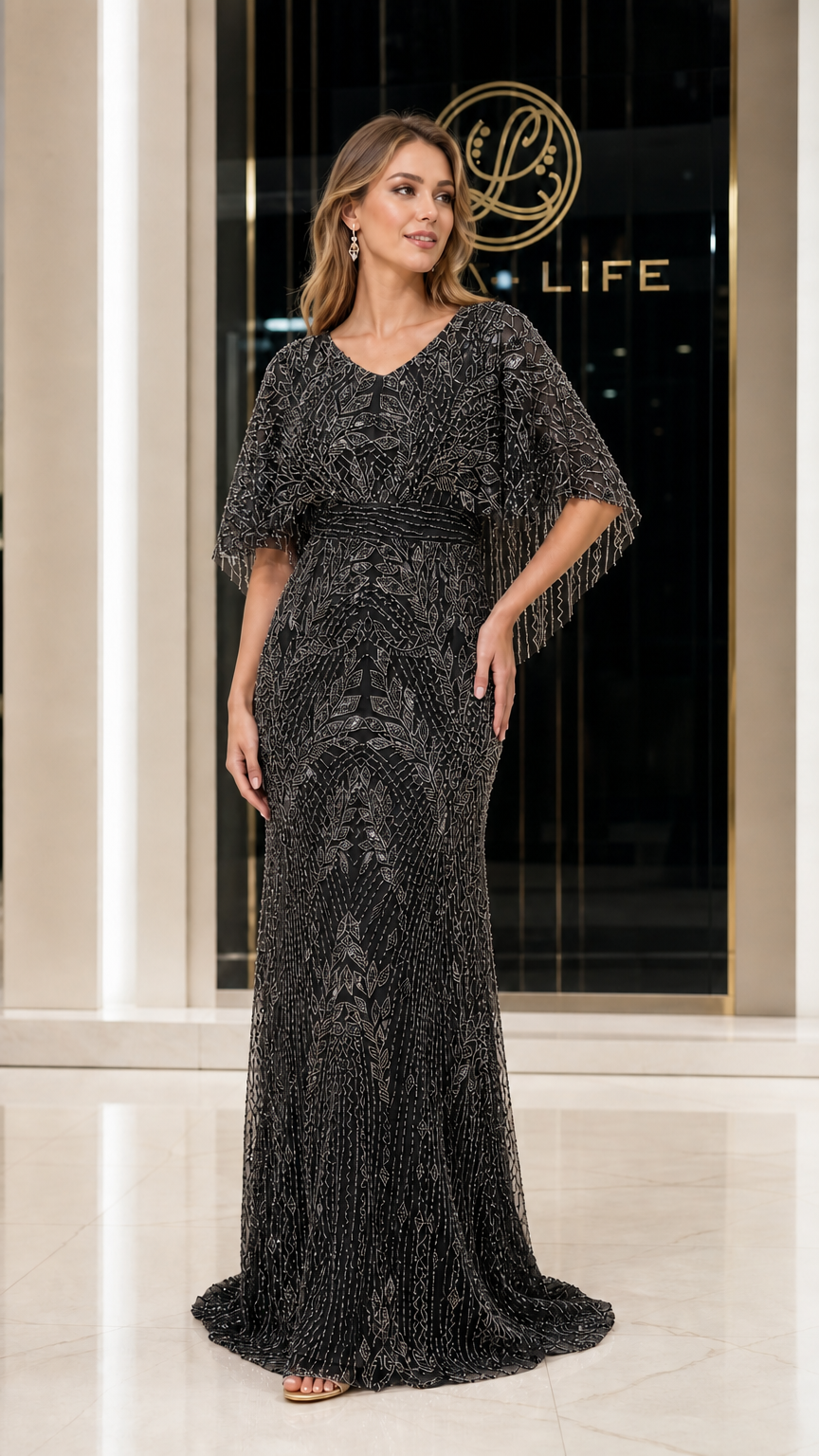 Front view of woman wearing black beaded evening gown