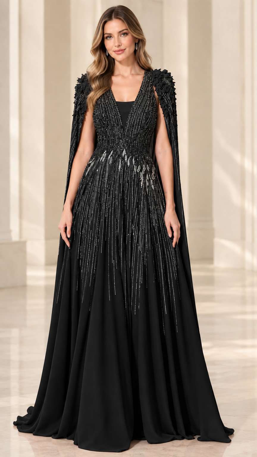 Black beaded cape sleeve A-line formal evening gown