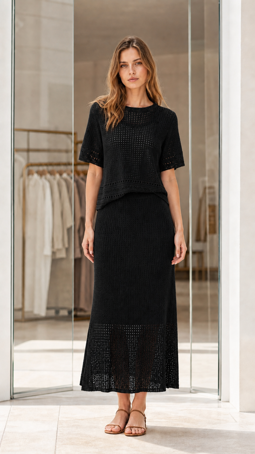 Full front view of black knit two-piece short sleeve top and maxi skirt set