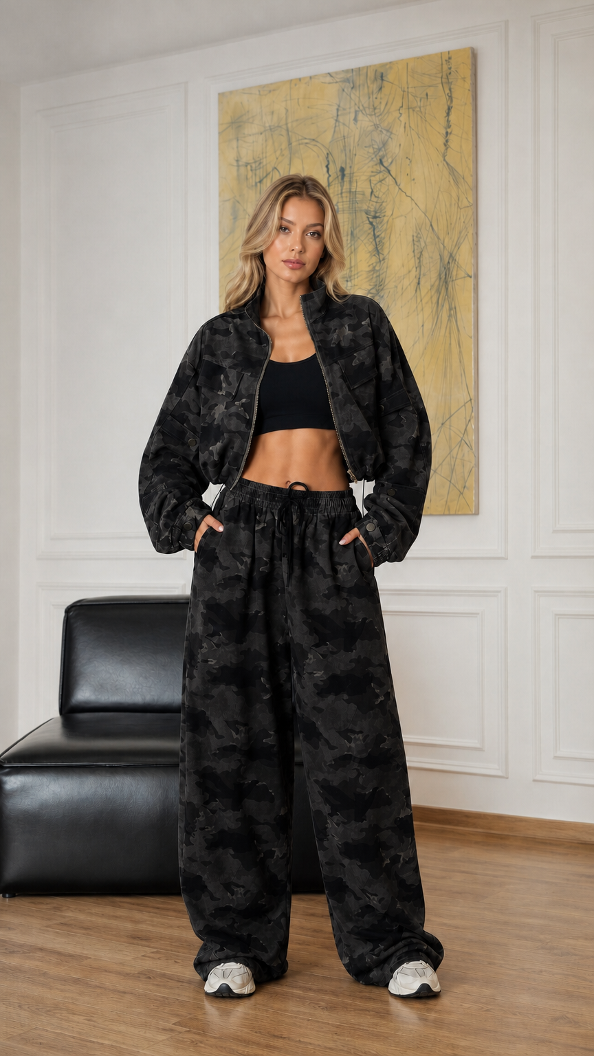 Model wearing charcoal black camouflage cropped jacket and wide-leg pants set