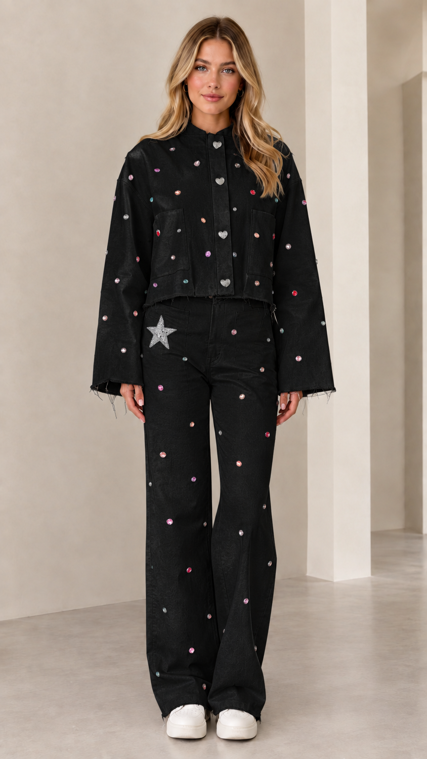 Full front view of black rhinestone embellished cropped jacket and wide-leg pant set