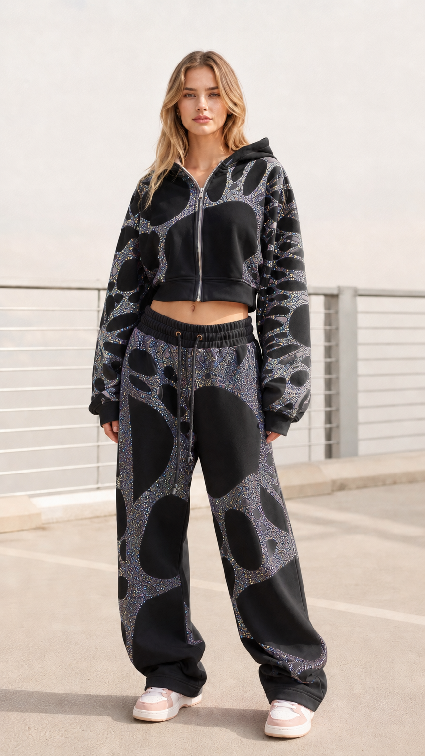 Women's black cropped zip-up hoodie and baggy sweatpants set with silver glitter pattern