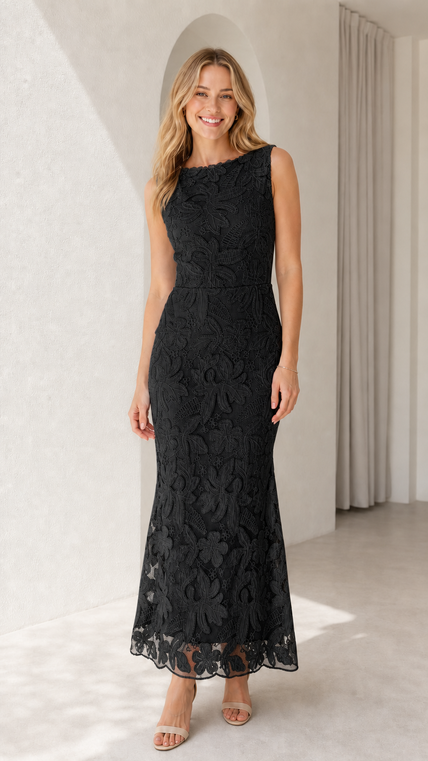Model wearing black sleeveless floral lace formal evening gown