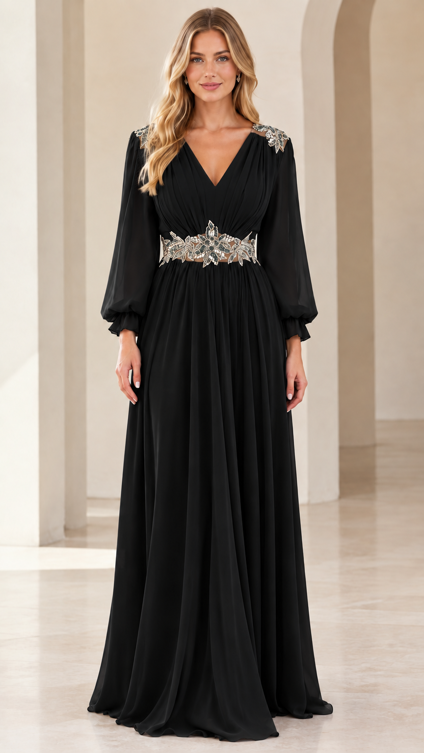 Front view of woman wearing black V-neck chiffon evening gown with beaded waist accent