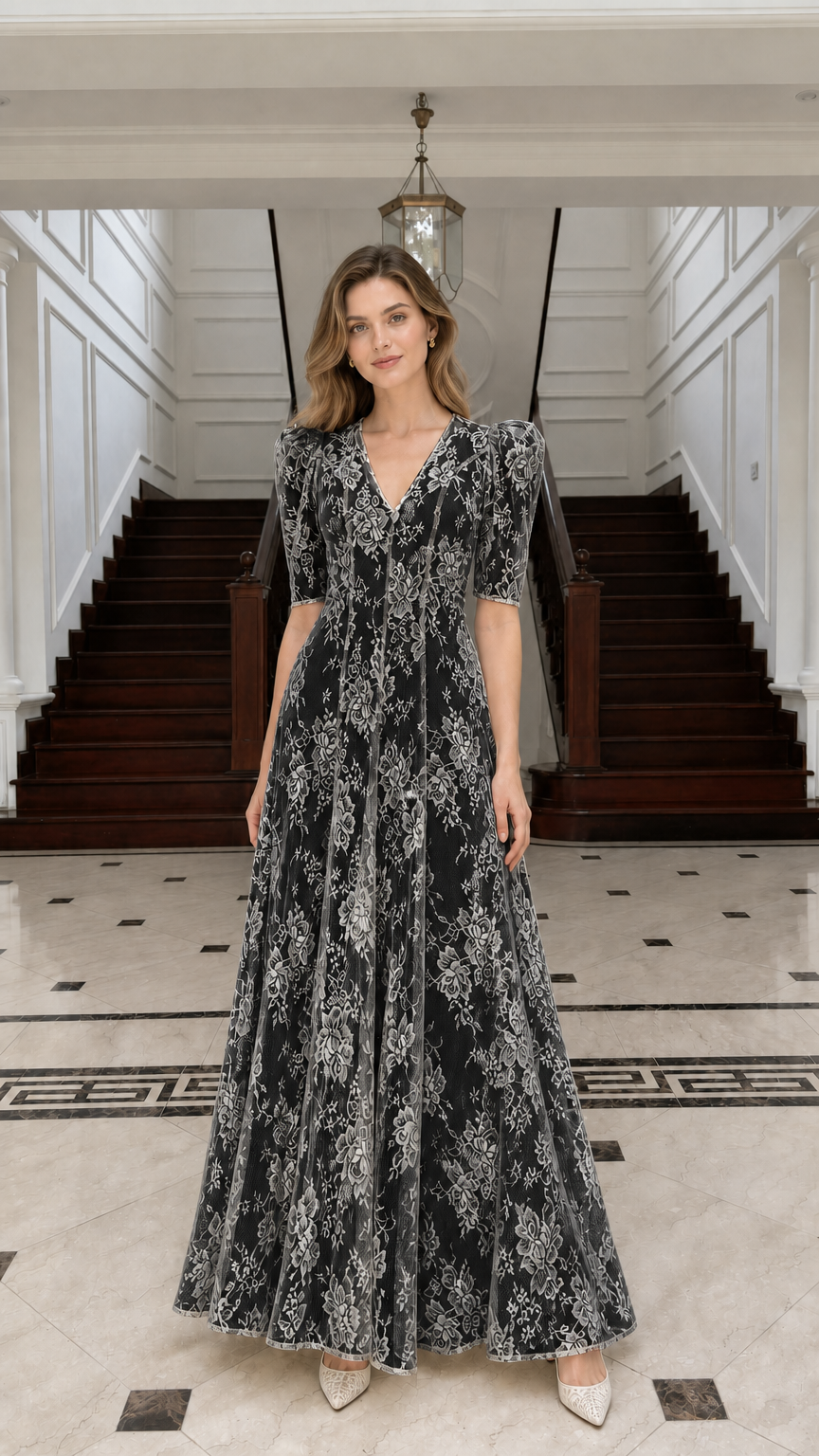 Front view of Black lace maxi dress on model