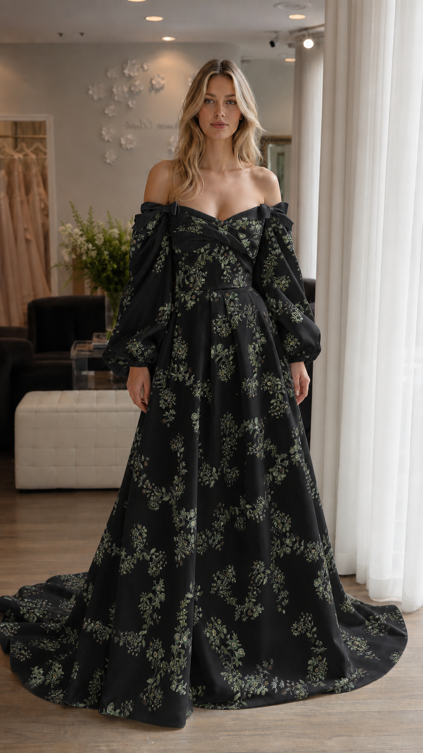Woman wearing black floral off-shoulder maxi dress