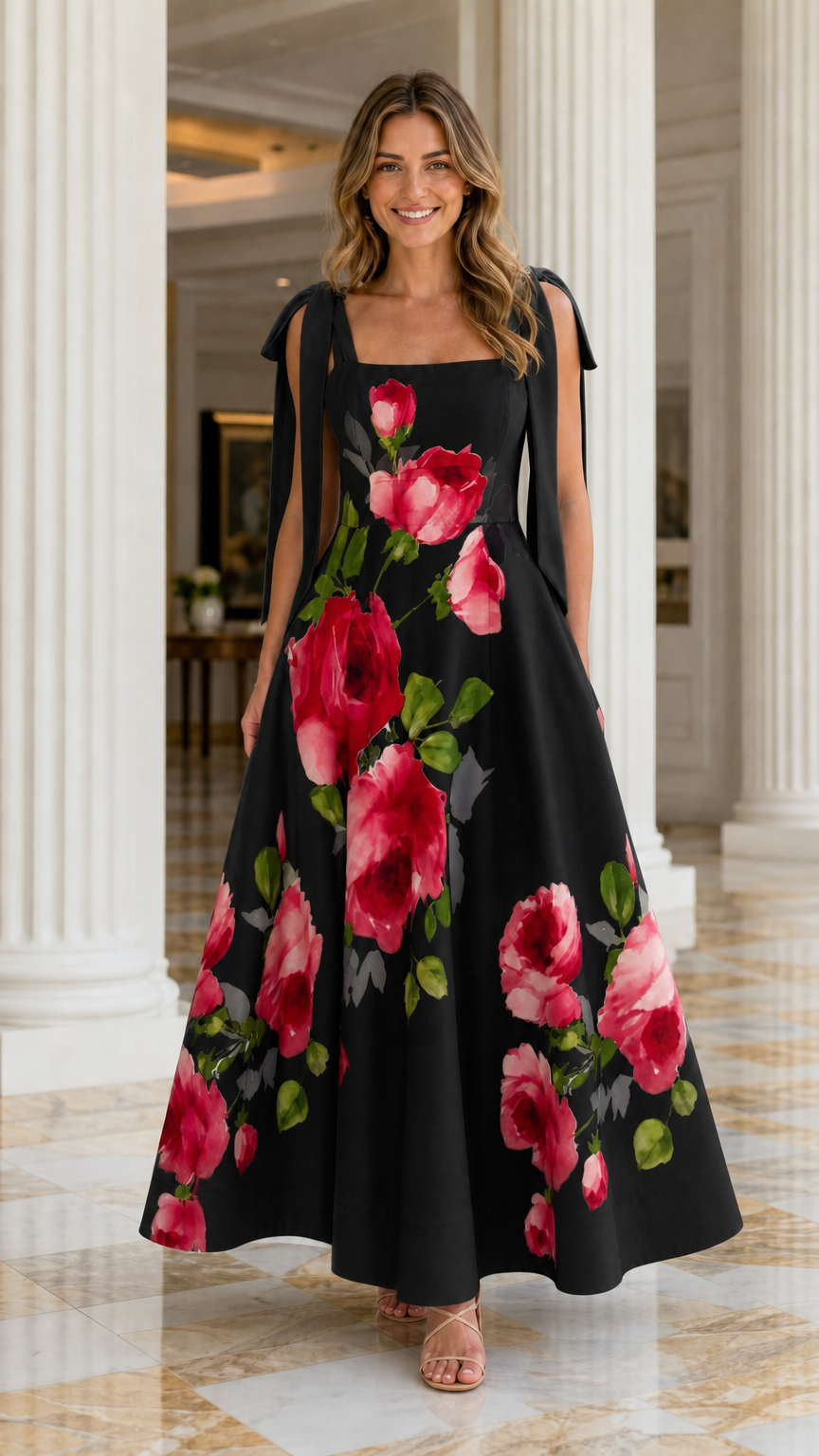 Model wearing black floral print tie-strap maxi dress