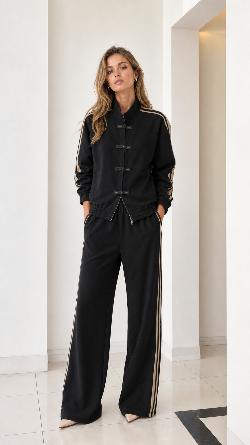 Full front view of women's black tracksuit set with contrast side stripes and frog buttons