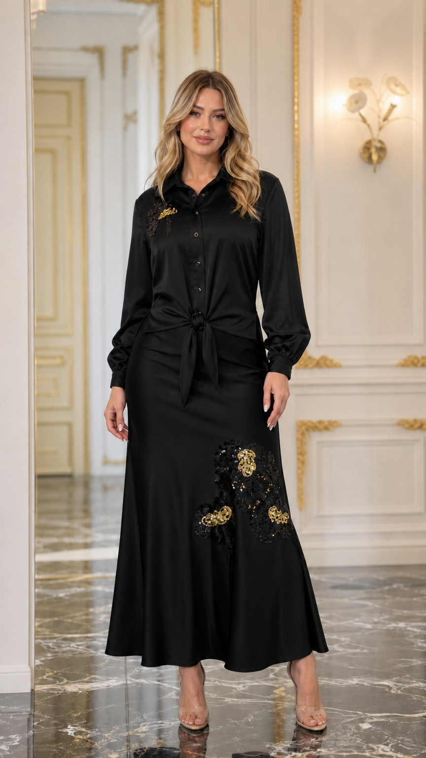 Front view of black satin blouse and maxi skirt set