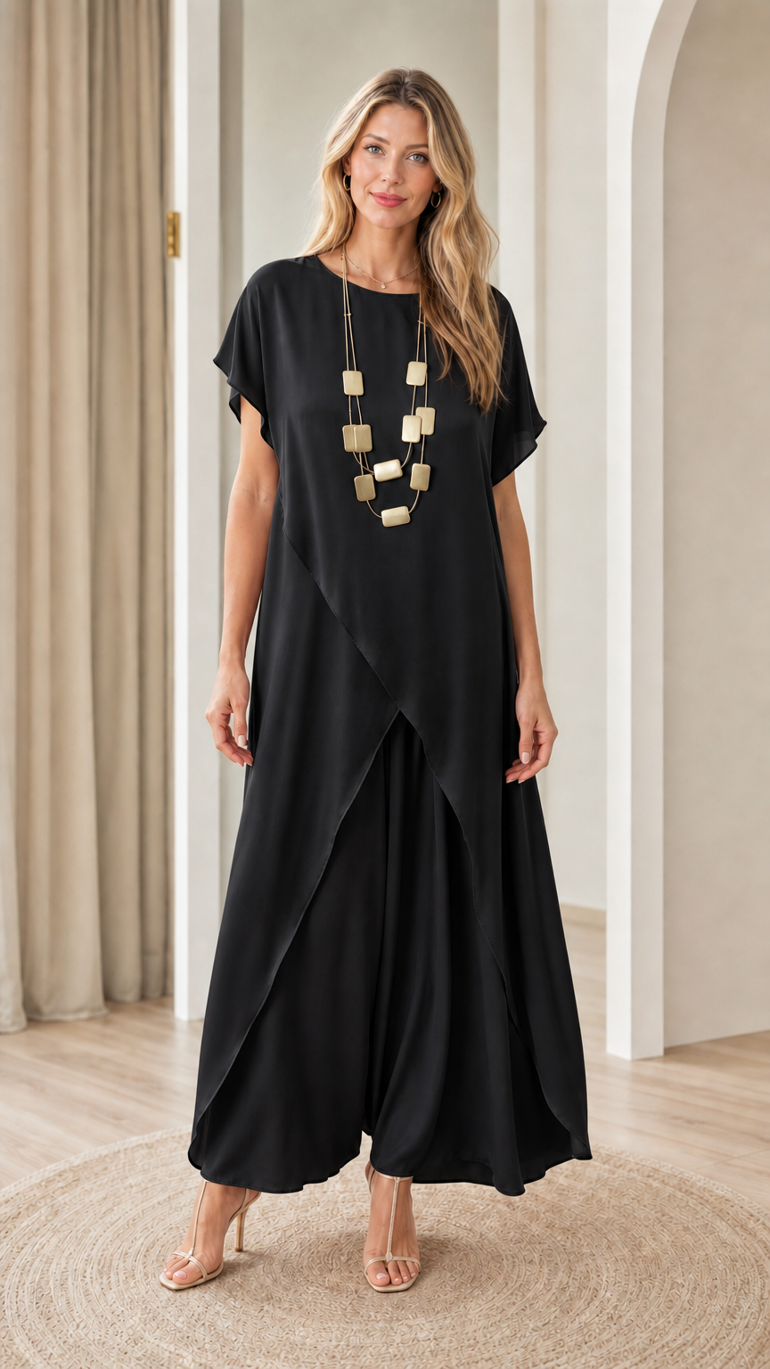 Full front view of model wearing black tunic top and wide-leg matching pant set with statement necklace