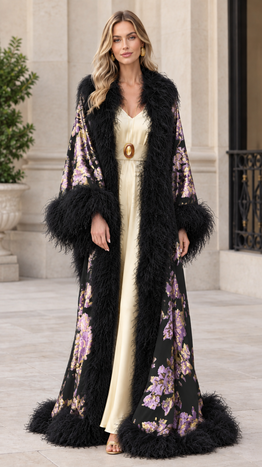 Black floral jacquard maxi duster robe with matching black feather trim