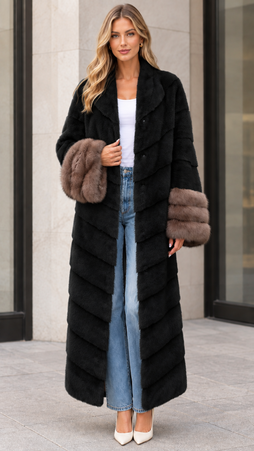 Front view of black chevron maxi faux fur coat with brown plush cuffs