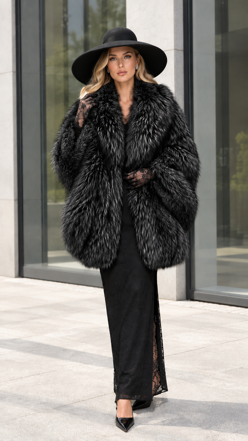Full front view of model wearing Black plush faux fur cocoon coat with black evening dress
