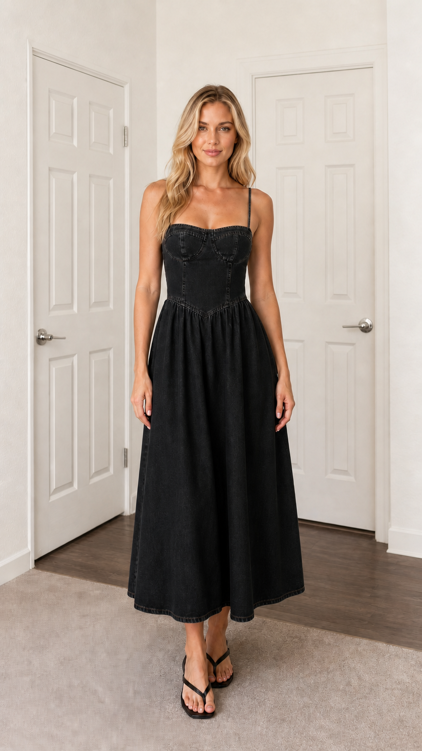 Front view of woman wearing black denim midi dress
