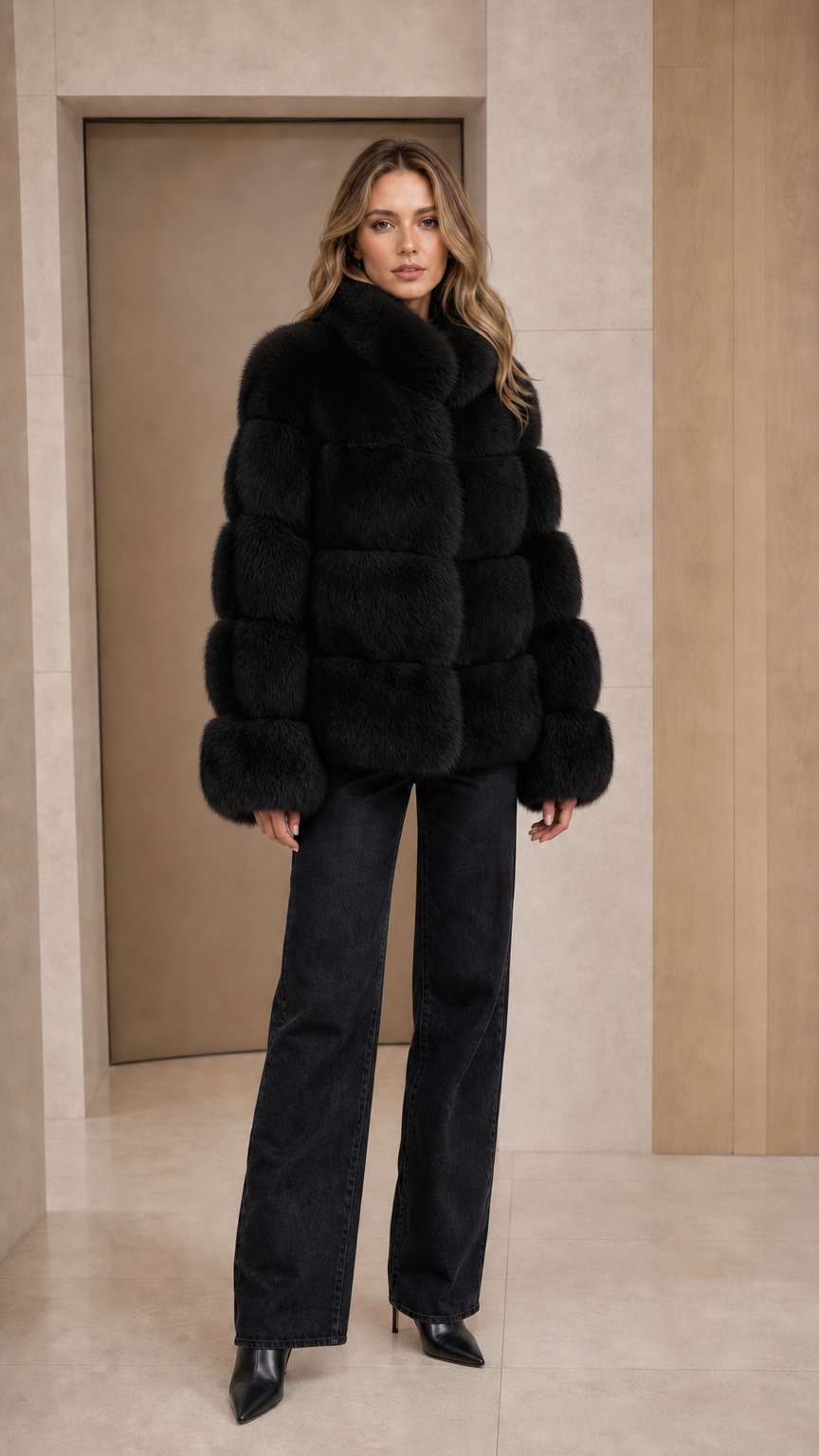 Model wearing black stand collar paneled faux fur jacket