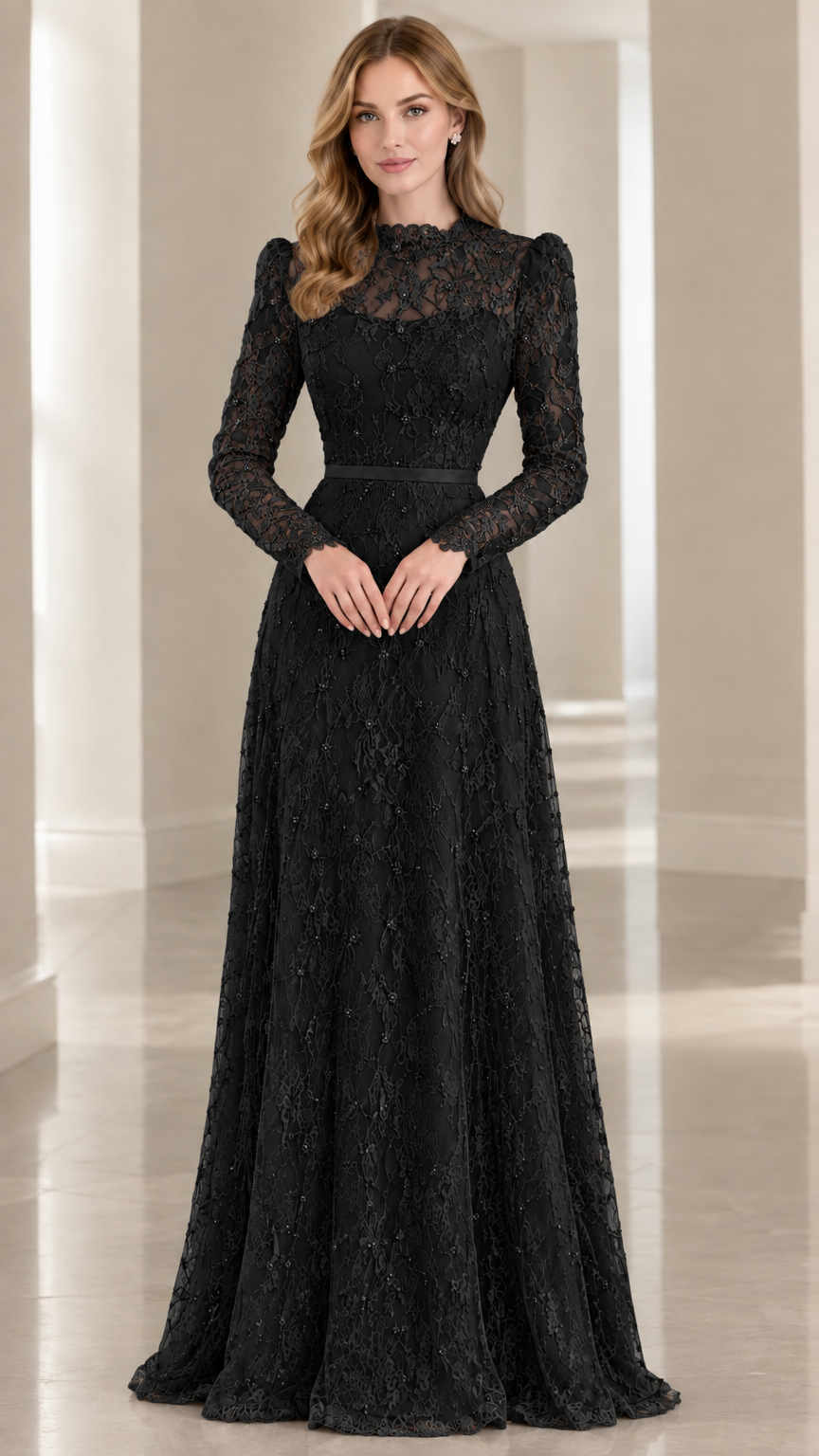 Model wearing black long-sleeve floral lace maxi formal evening gown