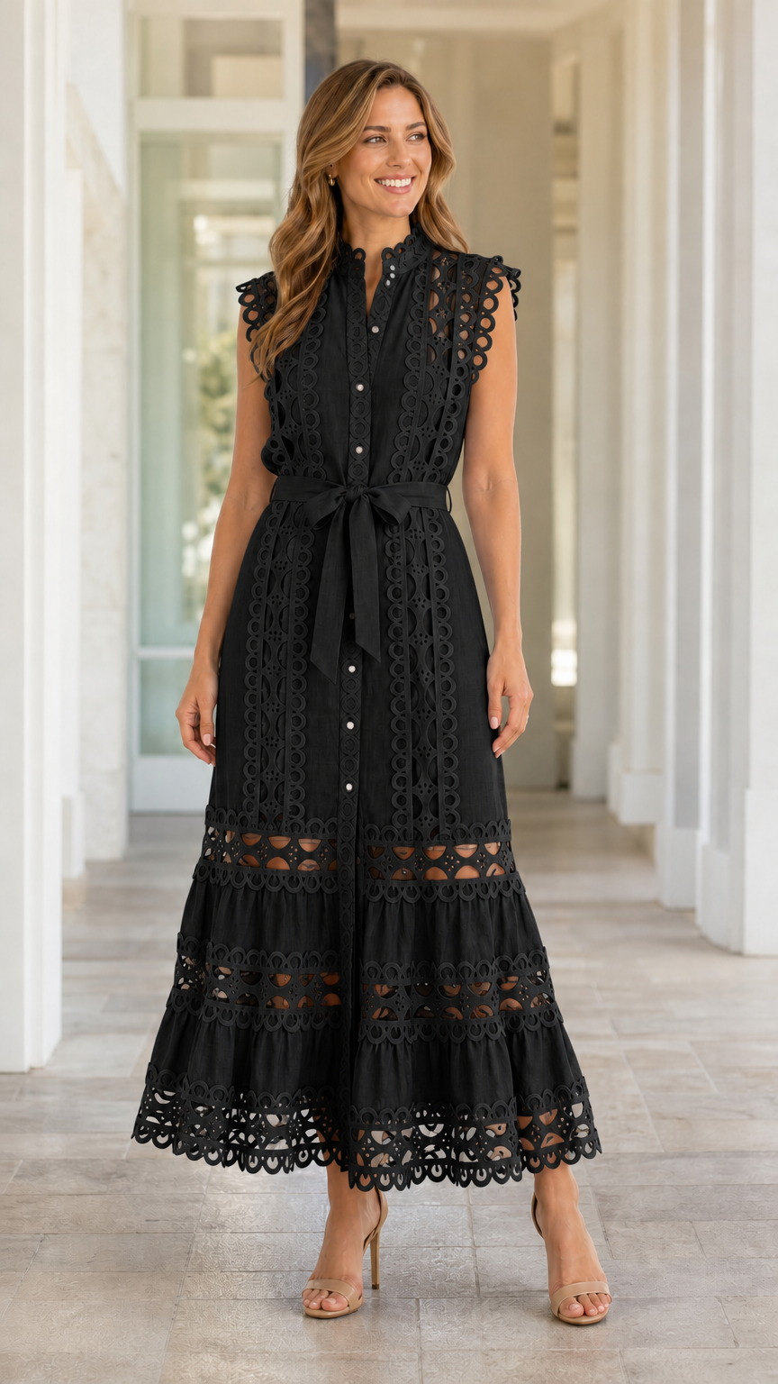 Full length view of model wearing Black eyelet lace midi dress