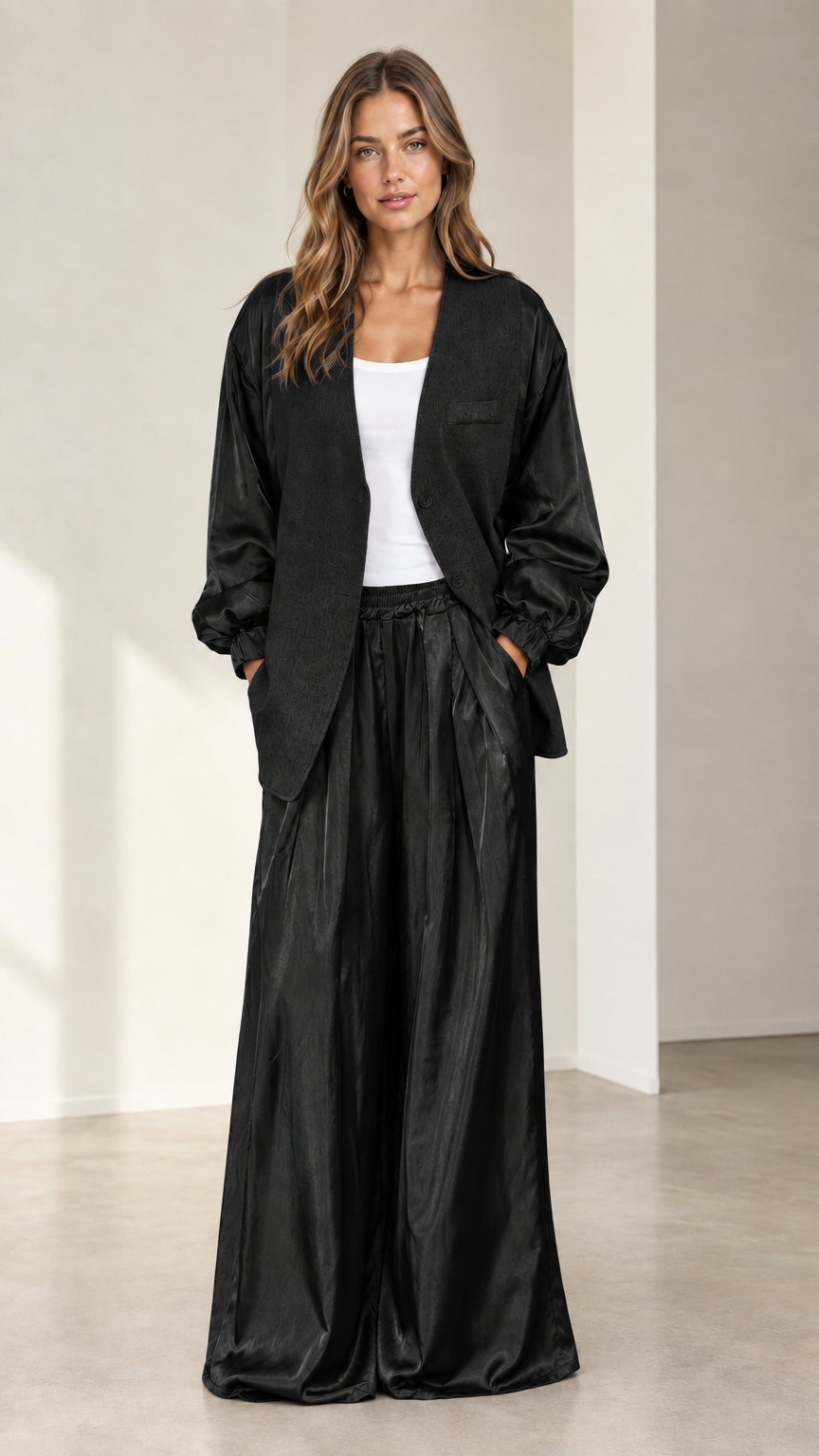 Front view of model wearing black satin sleeve jacket and wide-leg pants set