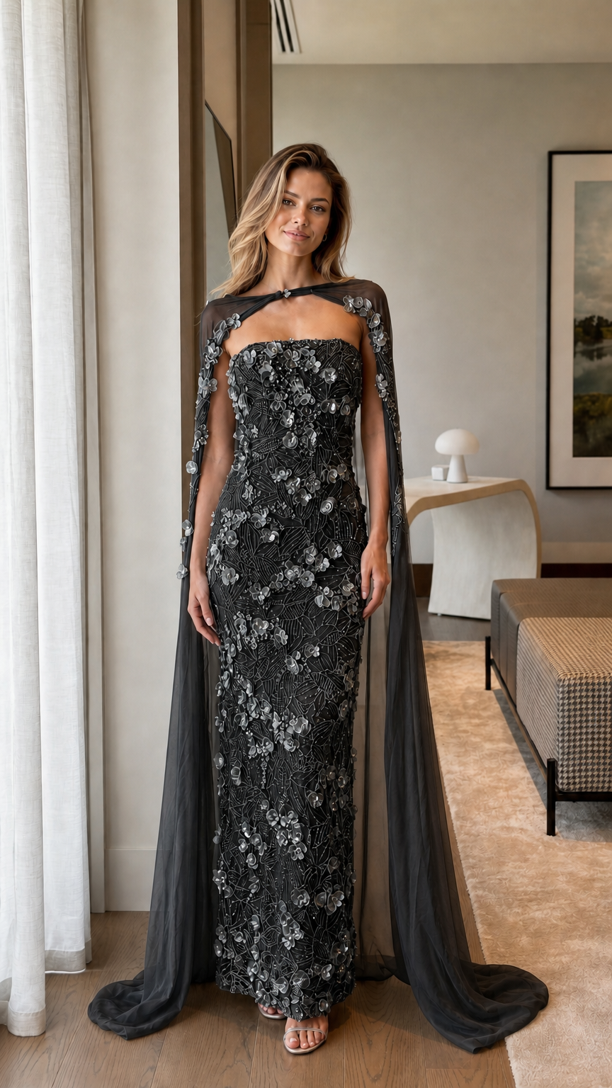 Black strapless column evening gown adorned with 3D florals and matching black cape
