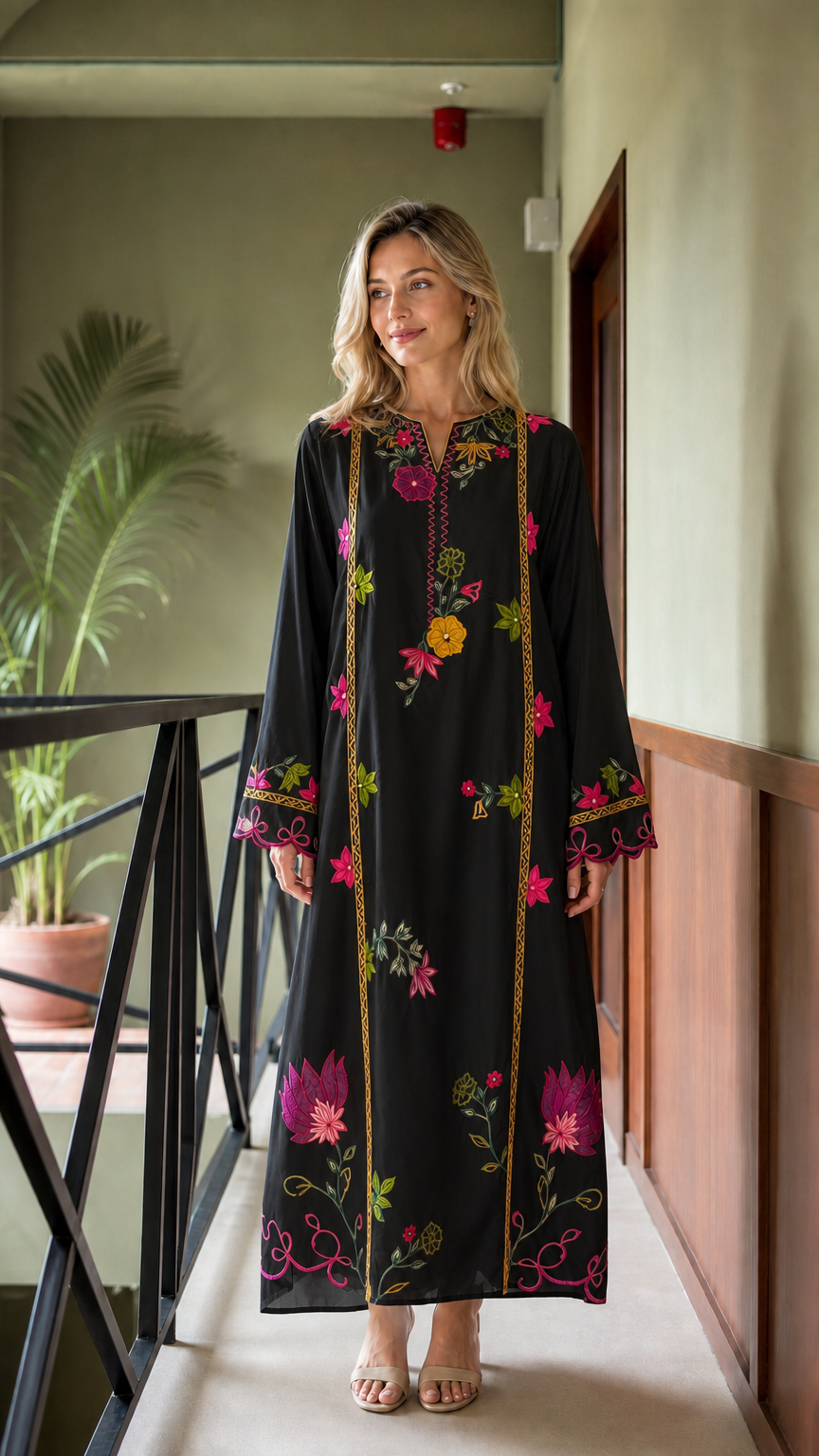 Model wearing Black floral embroidered maxi kaftan dress