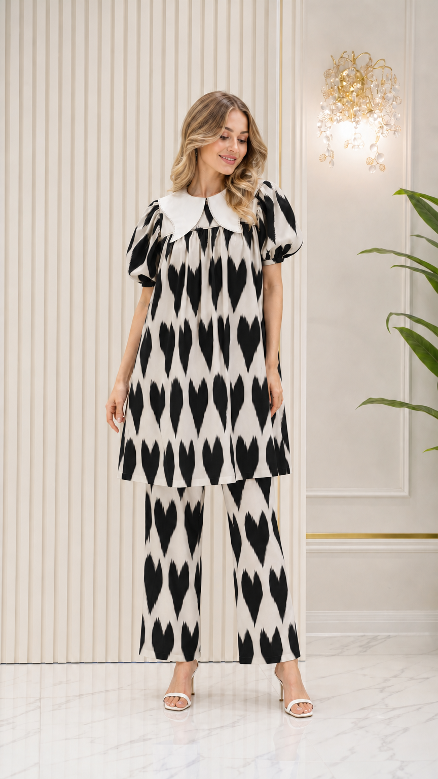Model wearing Black and white geometric print tunic and pants set