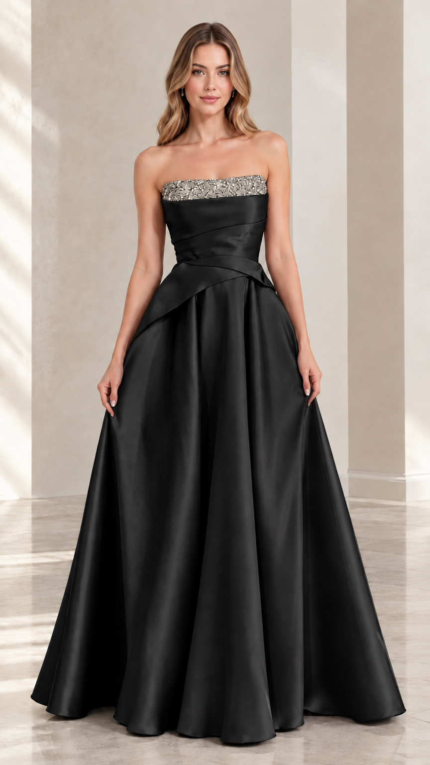 Black strapless satin A-line formal evening gown