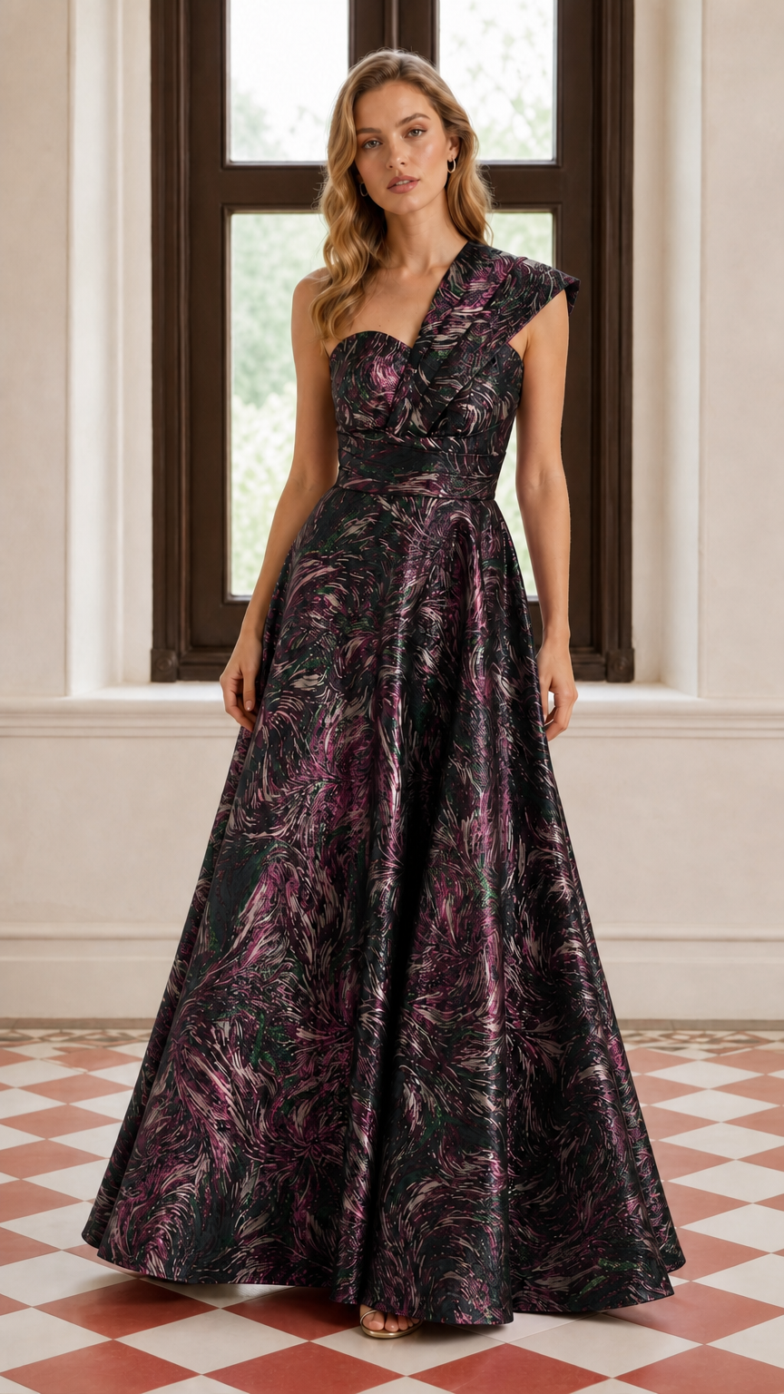 One-Shoulder Pleated Metallic A-Line Maxi Evening Gown in Black