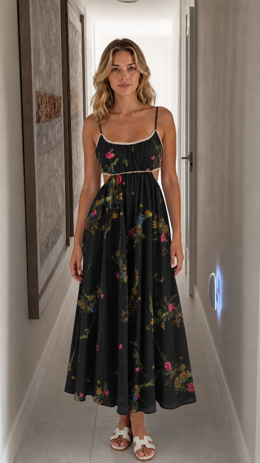 Front view of black floral cutout midi dress