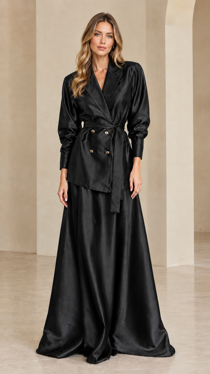 Woman wearing black satin double-breasted blazer and maxi skirt set