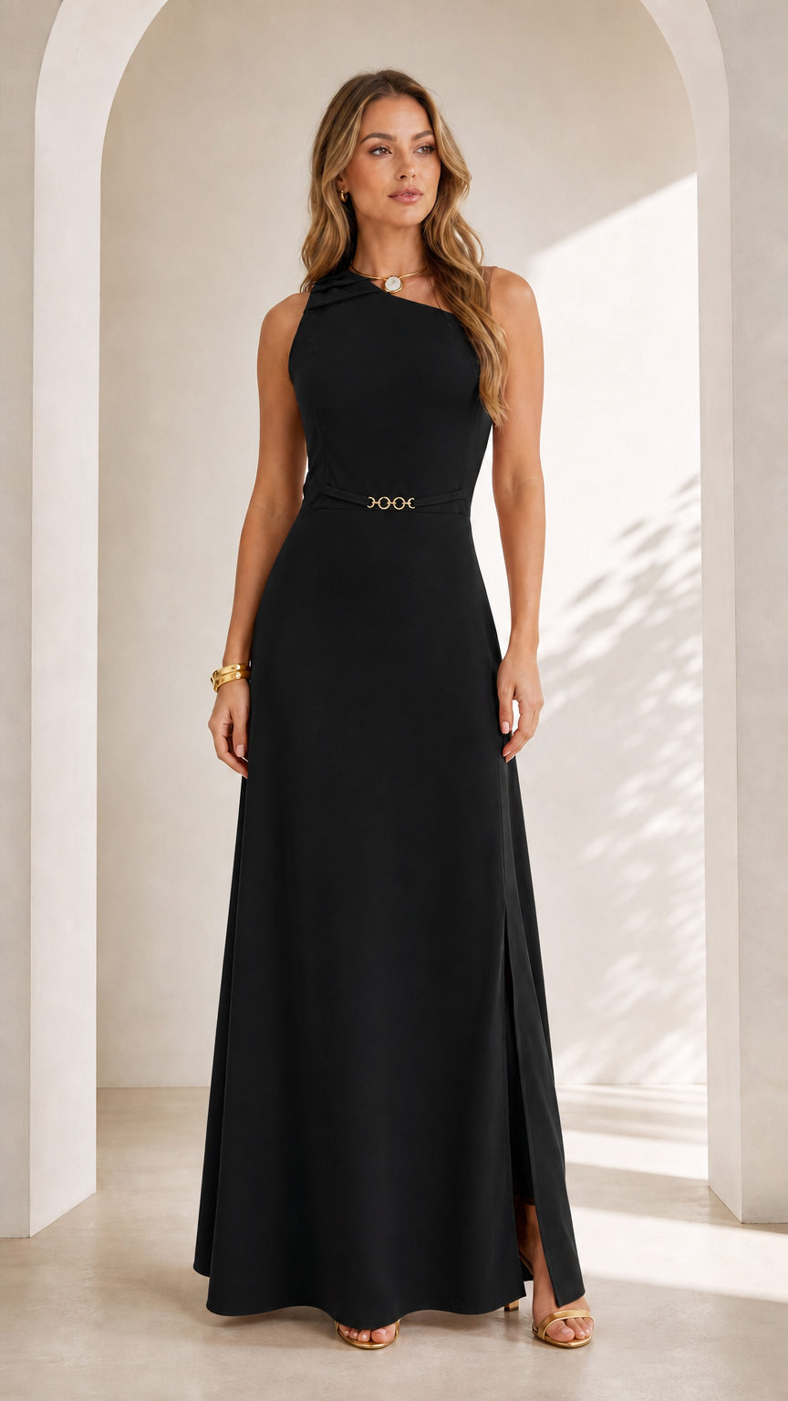 Front full view of woman wearing classic black sleeveless asymmetrical maxi dress