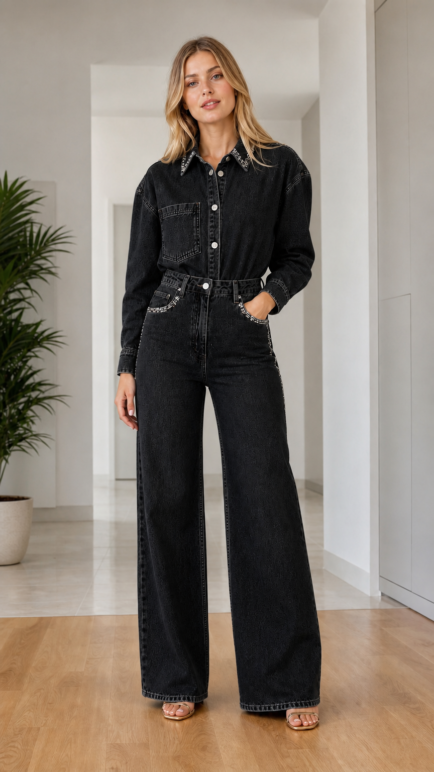 Woman wearing washed black long sleeve wide leg denim jumpsuit with crystal embellishments