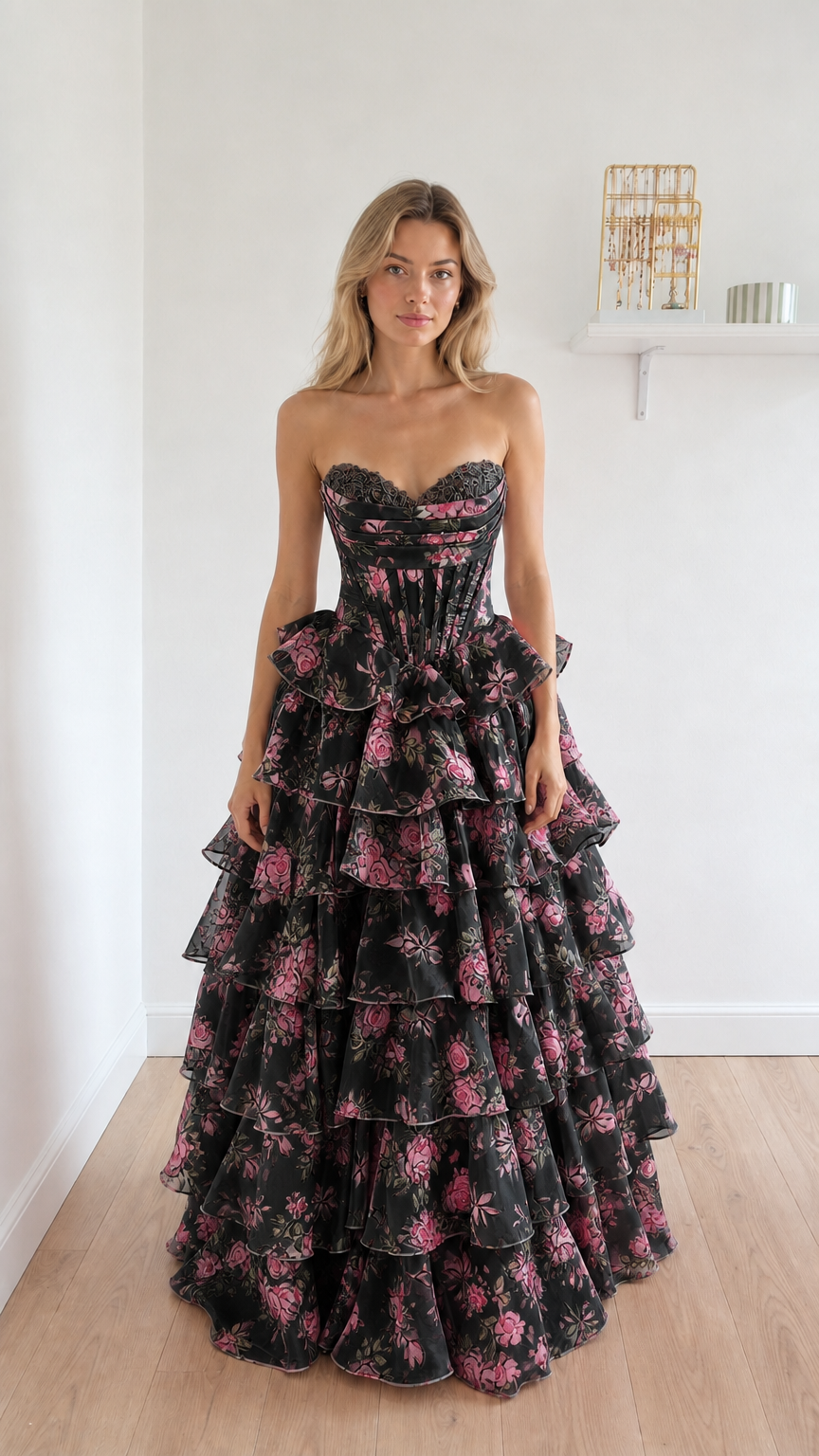 Black floral strapless corset ball gown