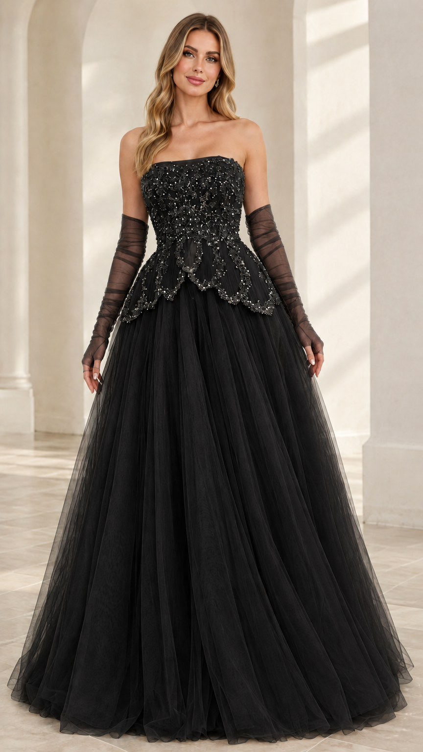 Front view of model wearing Black strapless beaded tulle ball gown with matching gloves