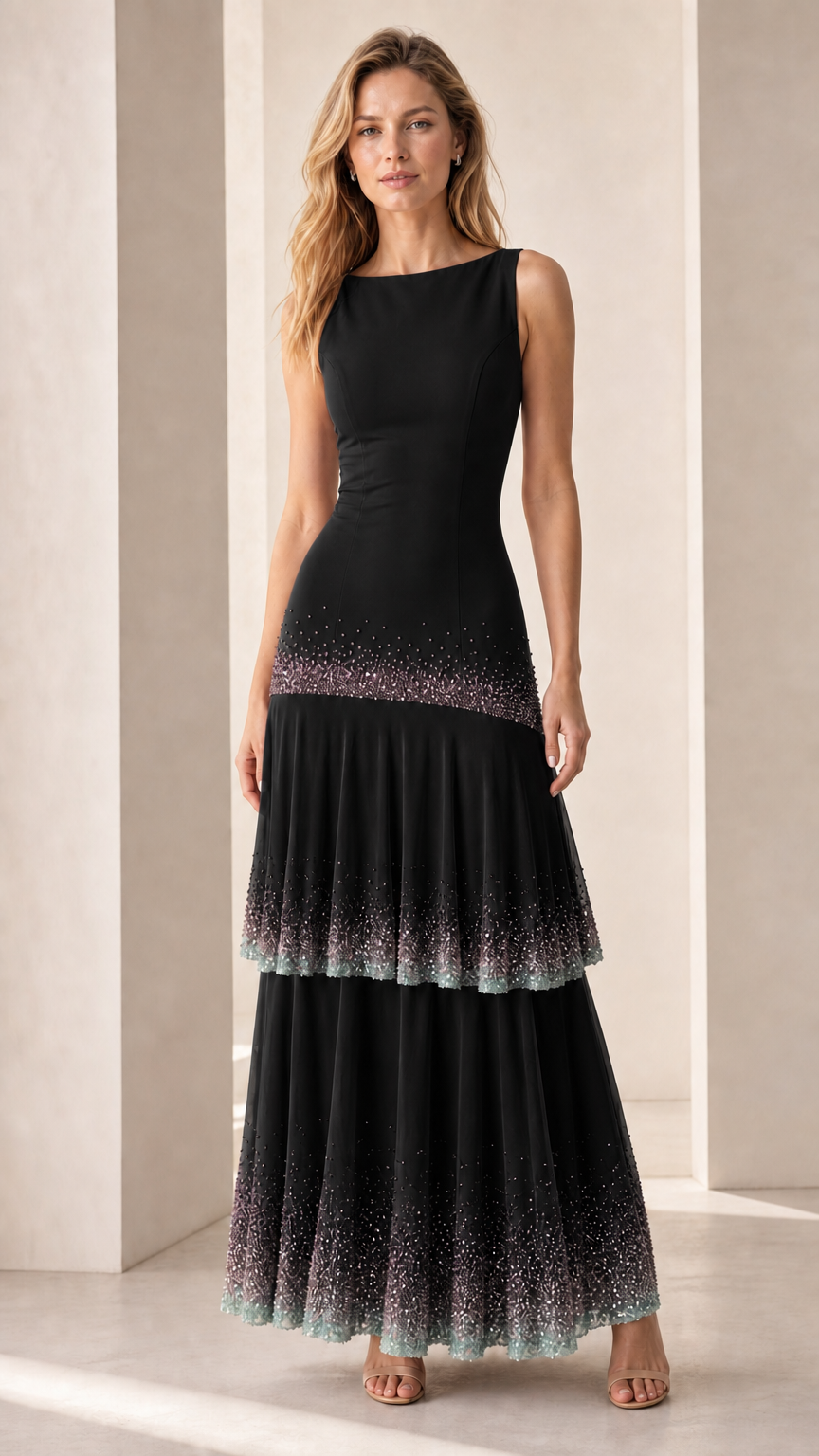 Full-length view of model in black sequin-trimmed tiered maxi dress
