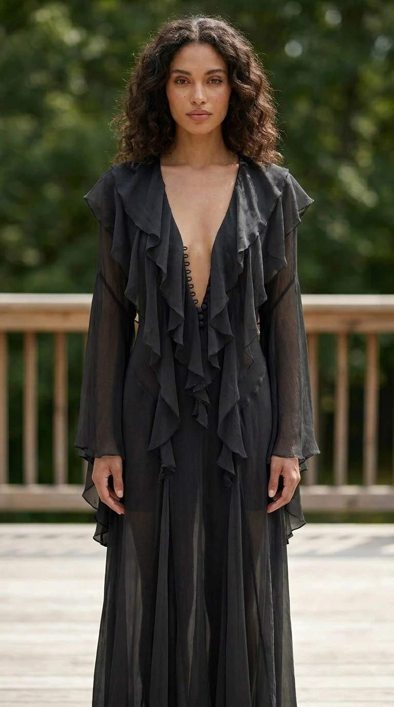 Model wearing black ruffle maxi dress