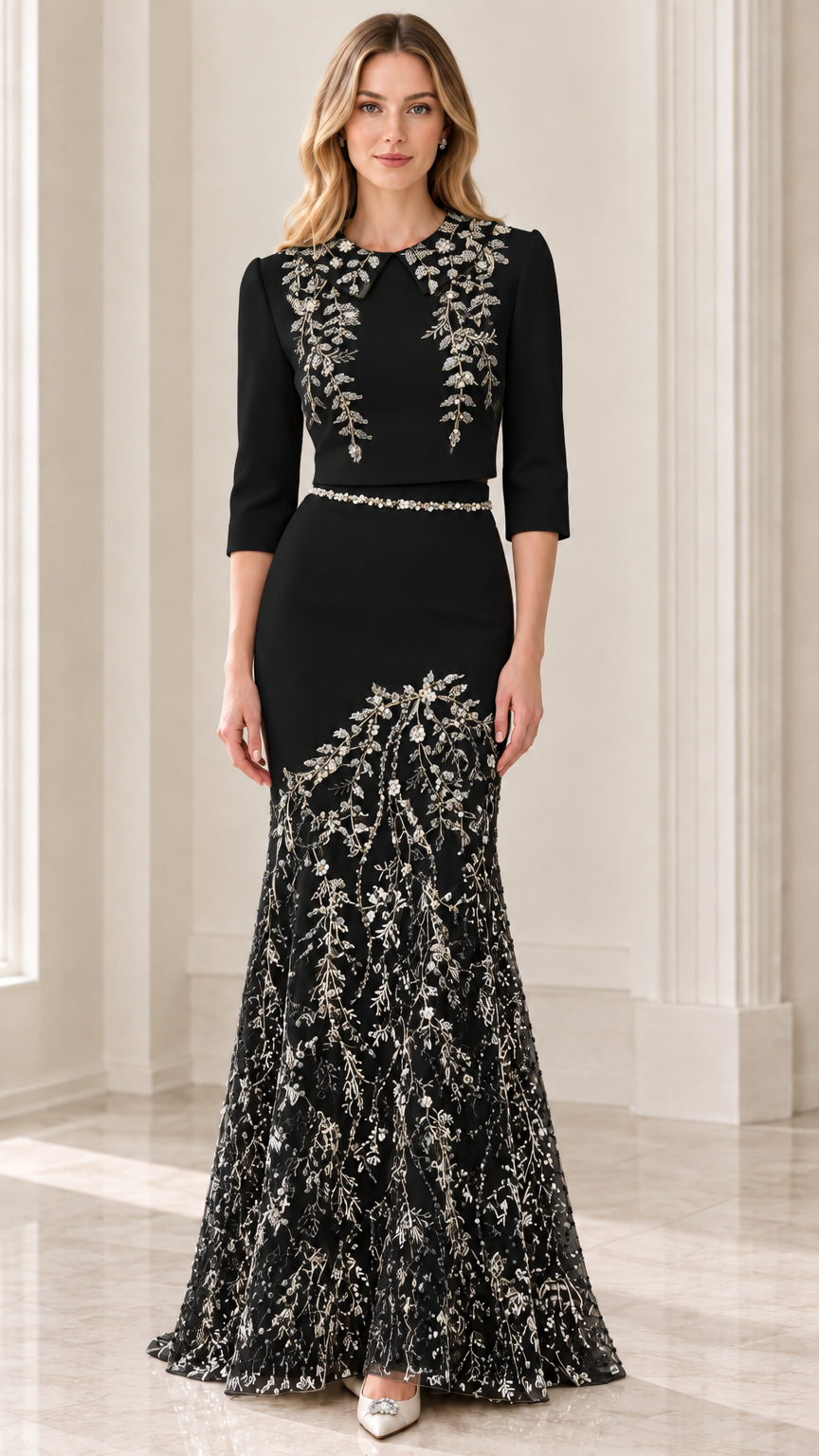 Front view of model wearing Black 3/4 sleeve collared mermaid evening dress