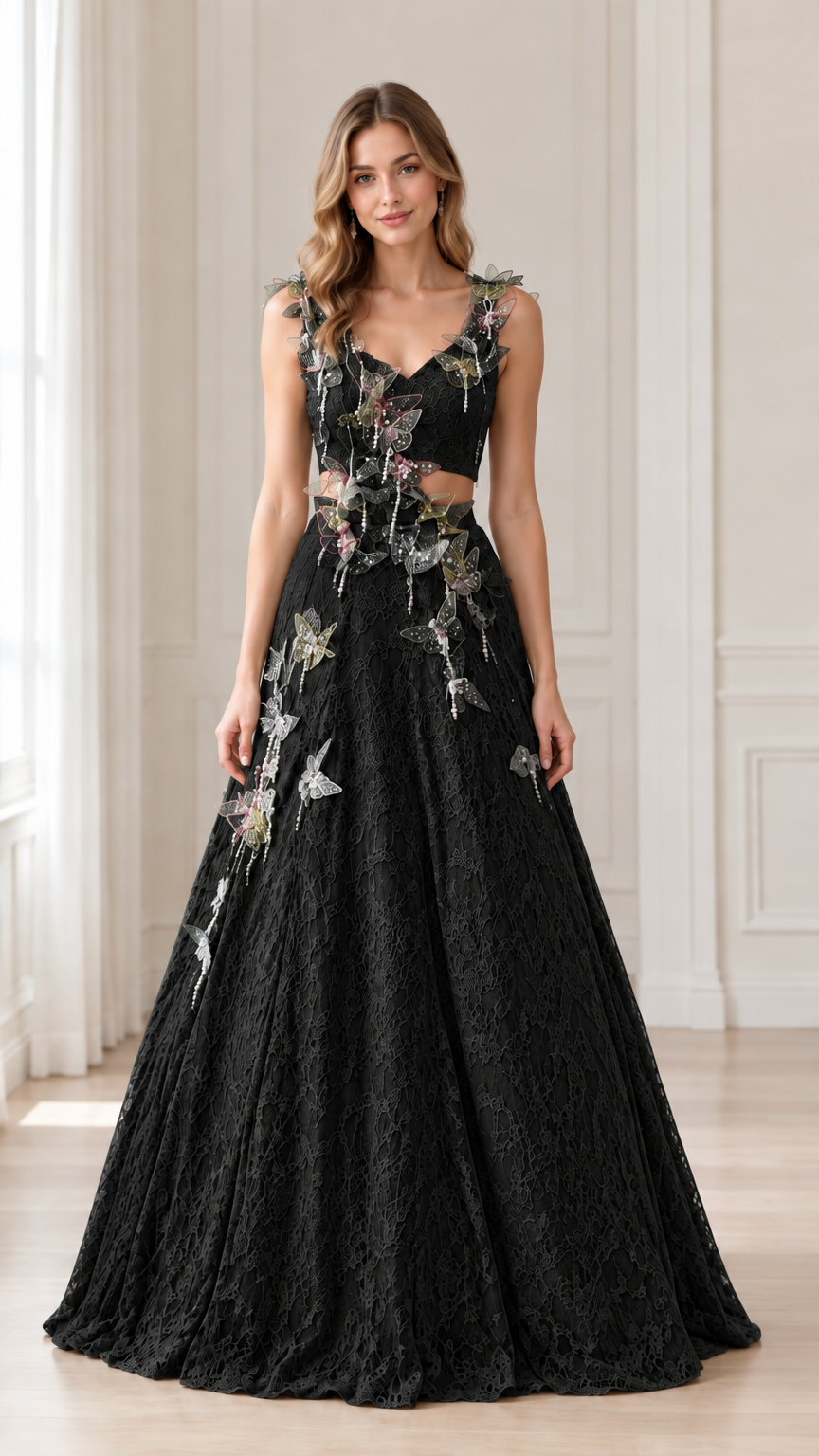 Front view of woman wearing Black 3D butterfly lace cutout evening gown