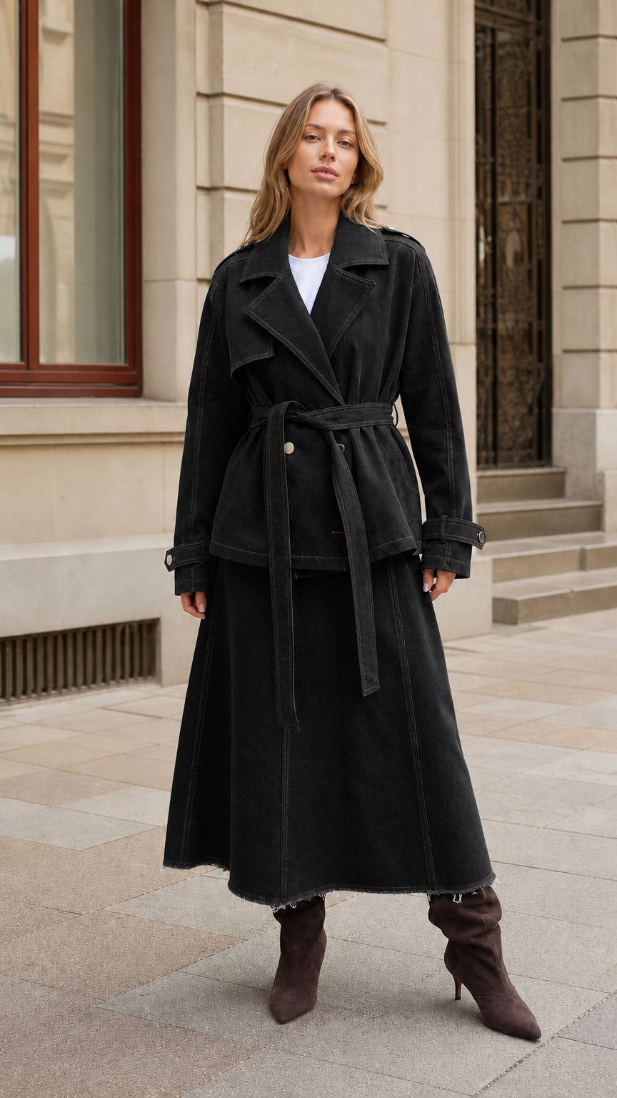 Woman wearing Washed Black belted trench jacket and maxi skirt two-piece set