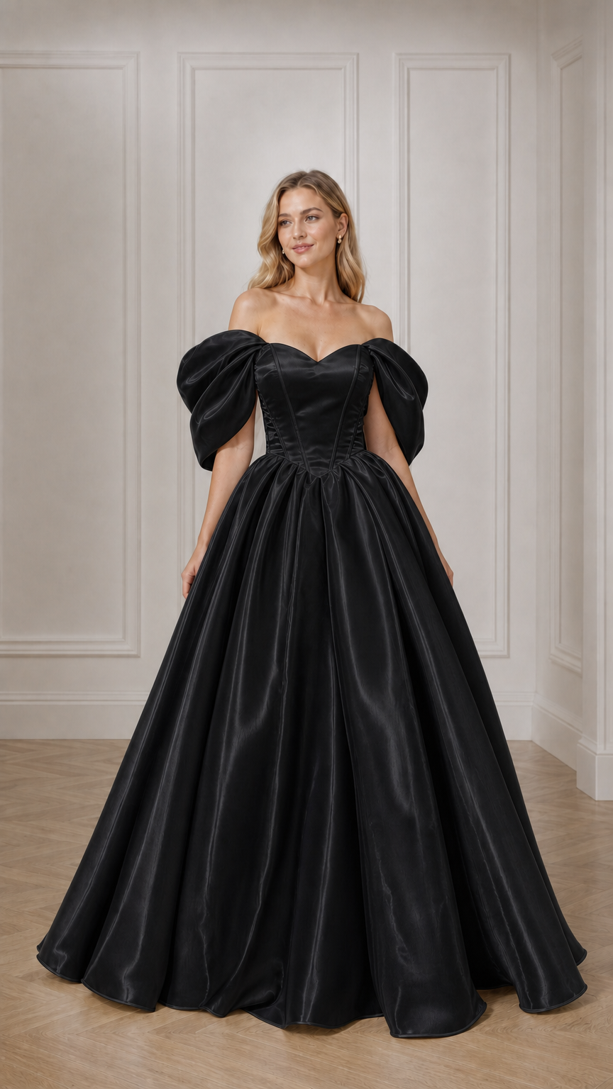 Full view of woman in black off-the-shoulder satin ball gown